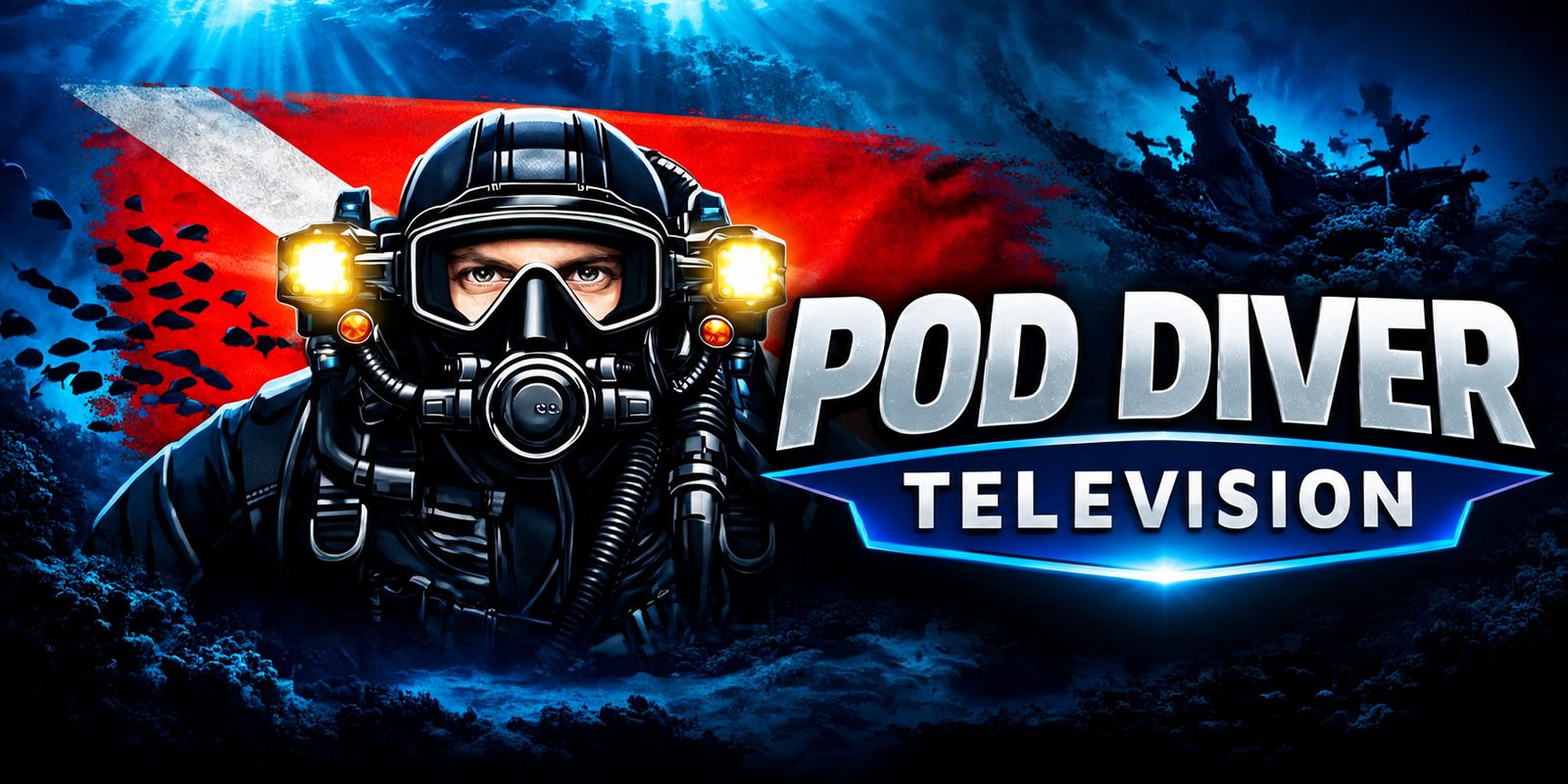 Pod Diver Television channel art: a rebreather diver in front of the dive flag